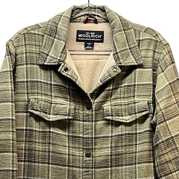 VTG Woolrich Fleece Lined Jacket Green Tan Strips Checked Sherpa-lined Flannel M - Picture 2 of 14